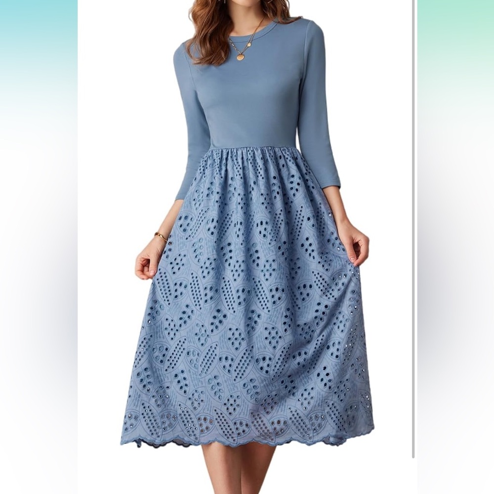 Grace Karin Soft Blue Midi A Line Eyelet Dress